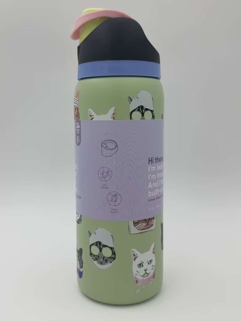 Owala Cat Pattern Insulated Water Bottle - Green 32oz cats kittens new freesip - Picture 2 of 3